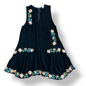 Umgee‎ USA Black Sleeveless Dress Small Boho Floral Embroidered Tunic Shift